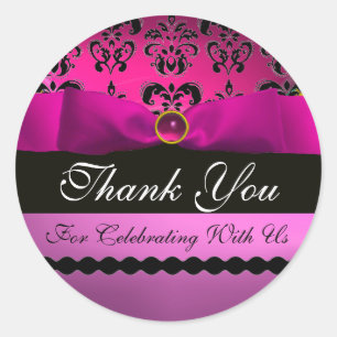 PINK BLACK DAMASK RIBBON MONOGRAM Lila Violette Runder Aufkleber