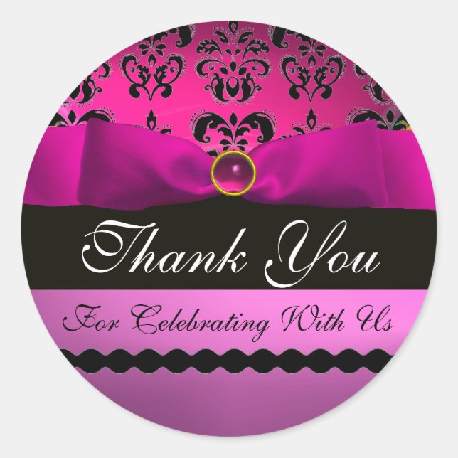 PINK BLACK DAMASK RIBBON MONOGRAM Lila Violette Runder Aufkleber (Vorderseite)