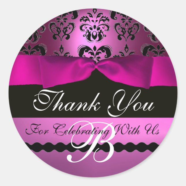 PINK BLACK DAMASK RIBBON MONOGRAM Lila Violette Runder Aufkleber (Vorderseite)