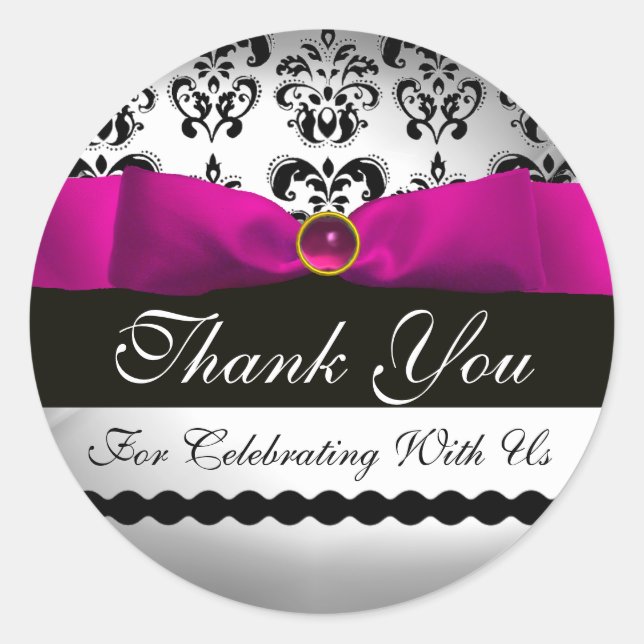 PINK BLACK DAMASK RIBBON MONOGRAM Lila Violette Runder Aufkleber (Vorderseite)