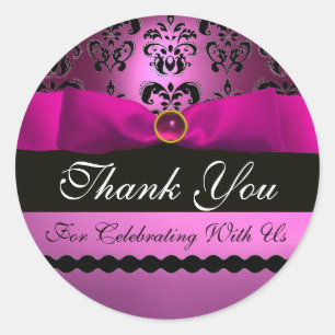 PINK BLACK DAMASK RIBBON MONOGRAM Lila Violette Runder Aufkleber
