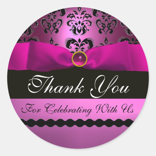 PINK BLACK DAMASK RIBBON MONOGRAM Lila Violette Runder Aufkleber (Vorderseite)