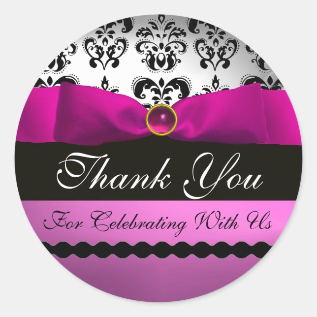 PINK BLACK DAMASK RIBBON MONOGRAM Lila Violette Runder Aufkleber (Vorderseite)