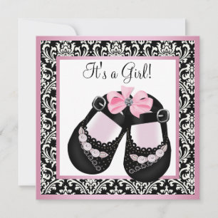 Pink Black Damask Shoes Baby Girl Dusche Einladung