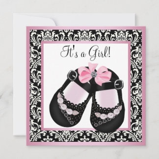 Pink Black Damask Shoes Baby Girl Dusche Einladung