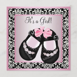 Pink Black Damask Shoes Baby Girl Dusche Einladung