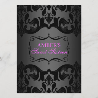 Pink & Black Damask Sweet 16 Birthday Einladung
