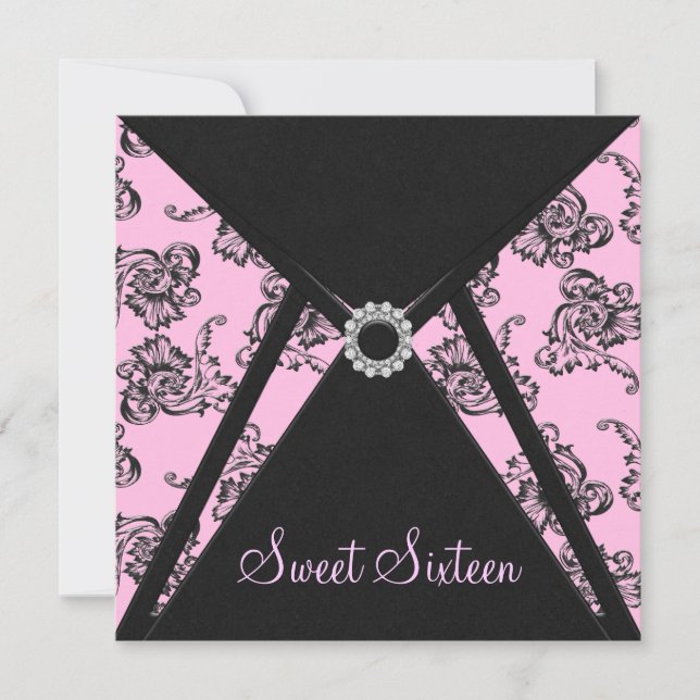 Pink Black Damask Sweet 16 Party Einladung (Vorderseite)