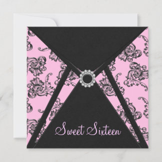 Pink Black Damask Sweet 16 Party Einladung