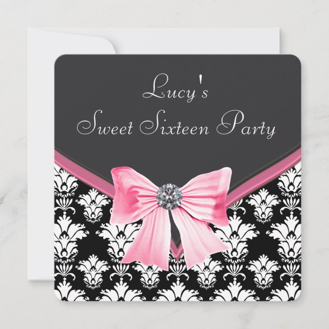 Pink Black Damask Sweet 16 Party Einladung (Vorderseite)