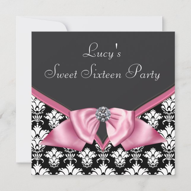 Pink Black Damask Sweet 16 Party Einladung (Vorderseite)