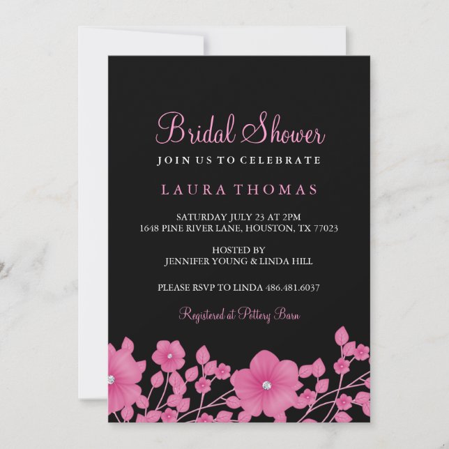 Pink & Black Diamond Blume Brautparty laden ein Einladung (Vorderseite)