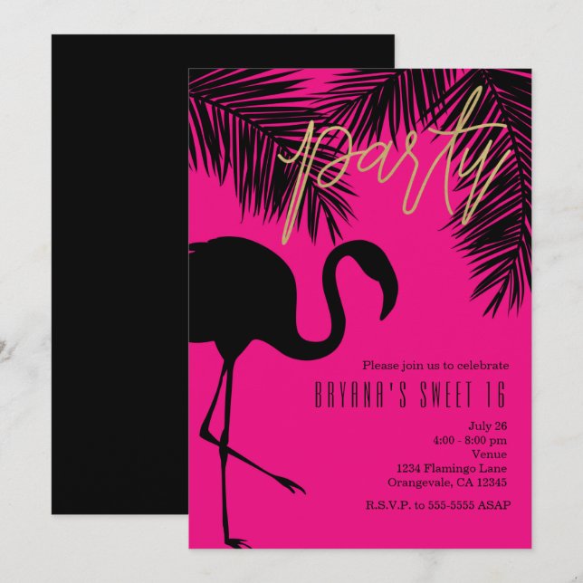 Pink & Black Flamingo & Palm Party Einladungen (Vorne/Hinten)