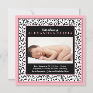 Pink Black Floral Baby Foto Geburtsankündigung Ankündigung