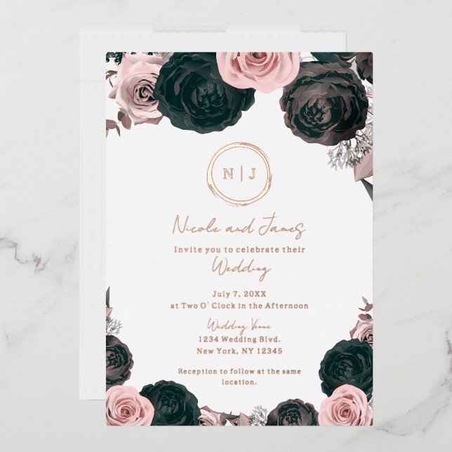 Pink & Black Floral Glam Modernes Hochzeitssemble  Folieneinladung (Briefumschlag)