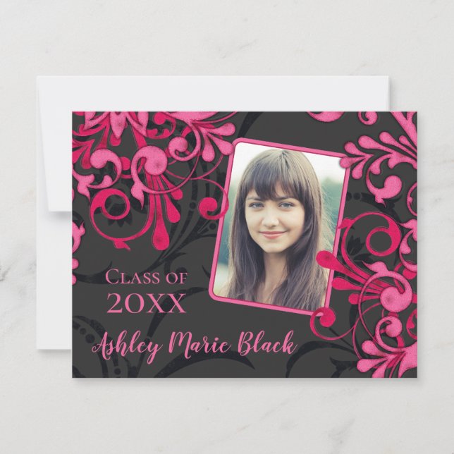 Pink Black Floral Photo Graduation Invitation (Devant)