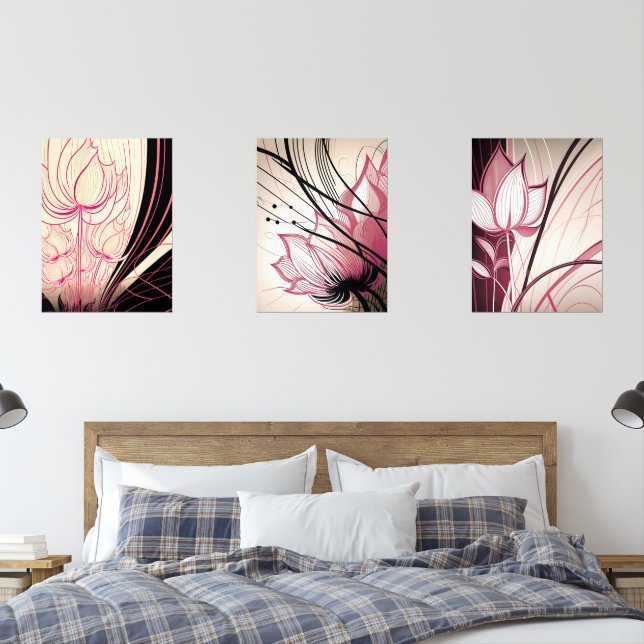 Pink & Black Floral Wall Art - Set von 3 Prinzen (Schlafzimmer)