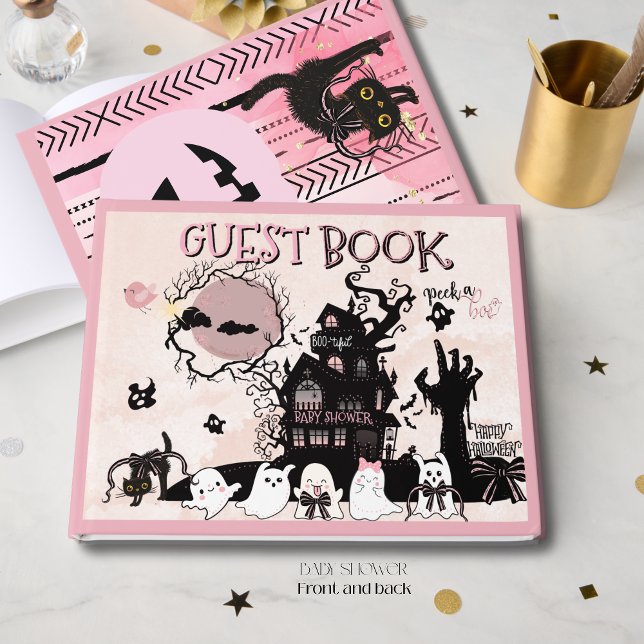 Pink Black Flüchtige Blick ein Boo Halloween Kinde Gästebuch (Pink Black Peek a Boo Halloween Baby Shower Guest Book)