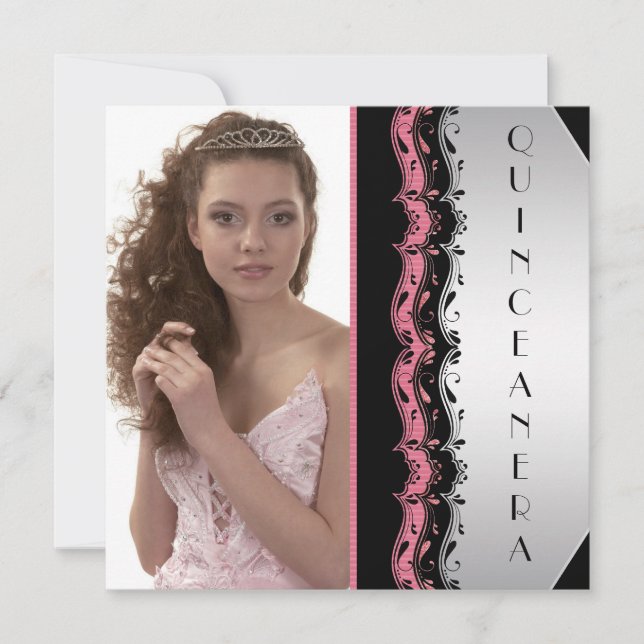 Pink Black Foto Quinceanera Einladung (Vorderseite)
