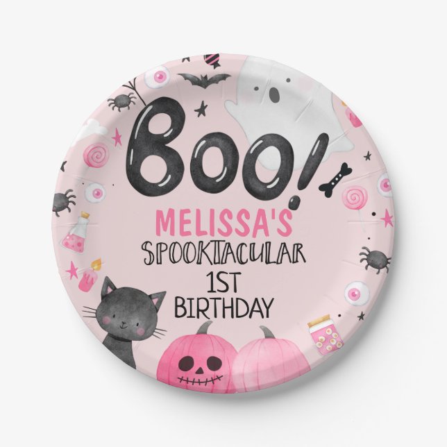 Pink Black Girl Boo Halloween Geburtstag Pappteller (Vorderseite)