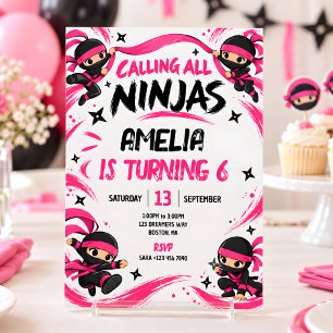 Pink & Black Girl Ninja Geburtstag Einladung