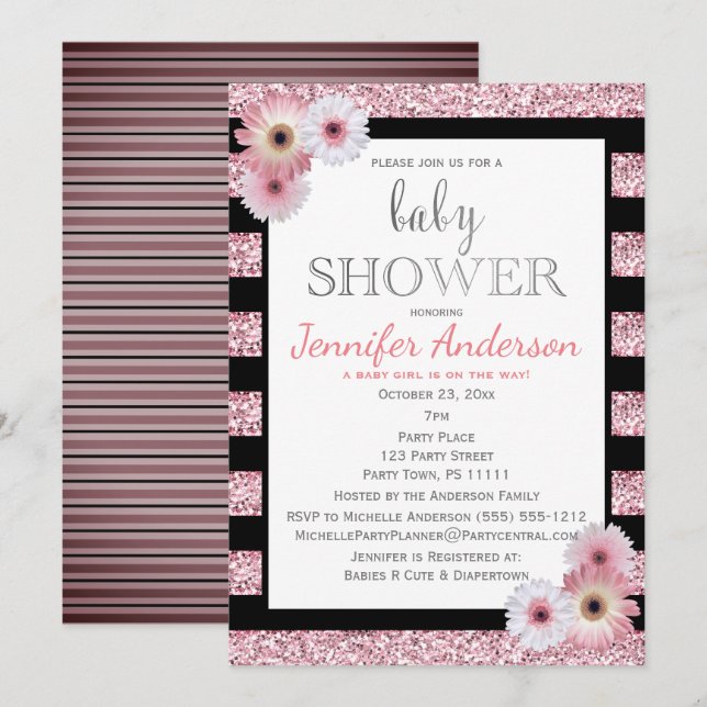 Pink Black Glamour Stripe Babydusche Einladung (Vorne/Hinten)
