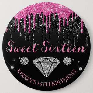 Pink & Black Glitter Drip Sweet Sixteen Button