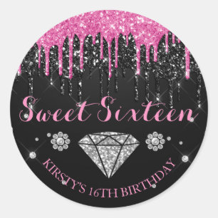 Pink & Black Glitter Drip Sweet Sixteen Runder Aufkleber