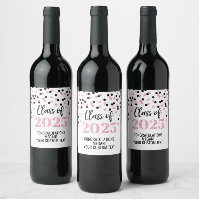 Pink Black Glitzer Class 2025 Abschluss Weinetikett (Flaschen)
