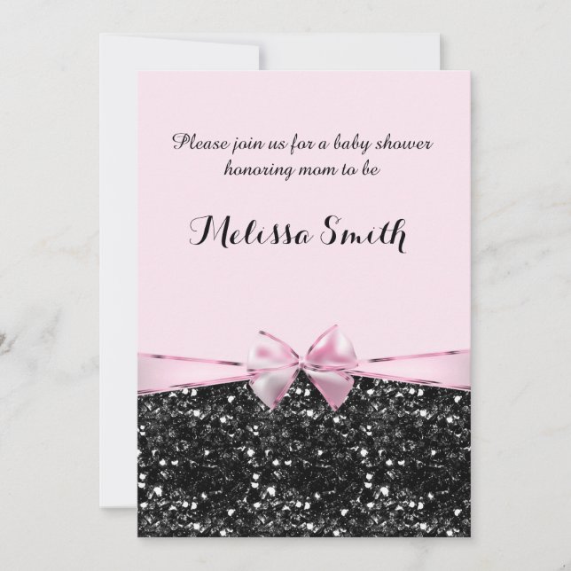 Pink & Black Glitzer Glam Bow Girls Babydusche Einladung (Vorderseite)