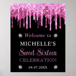 Pink & Black Glitzer Sweet 16 Willkommenszeichen Poster