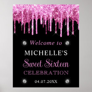 Pink & Black Glitzer Sweet 16 Willkommenszeichen Poster