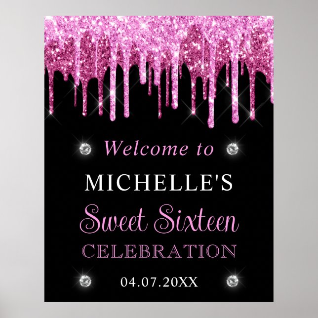 Pink & Black Glitzer Sweet 16 Willkommenszeichen Poster (Vorne)