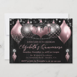 Pink Black Glitzern Christmas Baubles Quinceanera Einladung