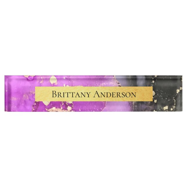 Pink Black Gold Abstrakte Alkoholtinte Namensplakette (Vorderseite)