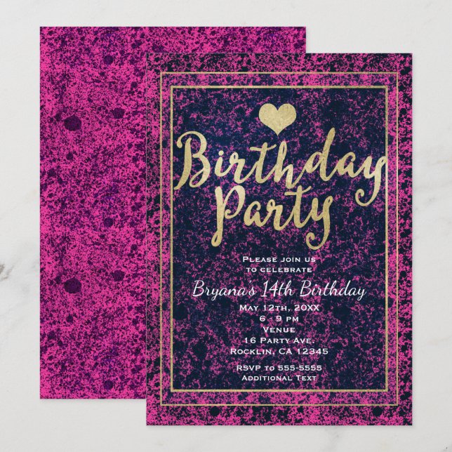 Pink & Black Gold BIRTHDAY PARTY Modern Invitation (Devant / Derrière)