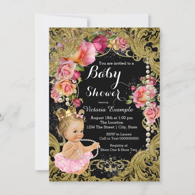 Pink Black Gold Chintz Rose Pearl Baby Dusche Einladung (Vorderseite)