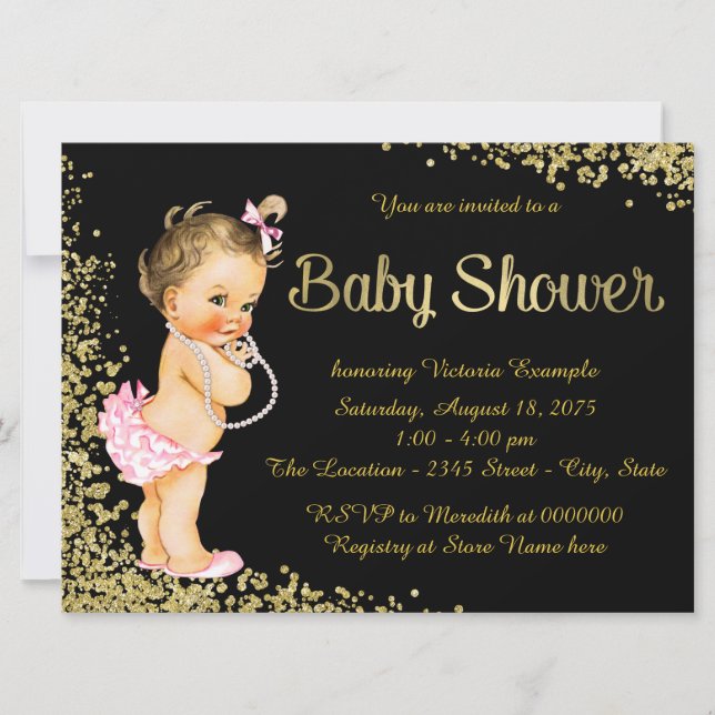 Pink Black Gold Foil Glitzer Girl Baby Dusche Einladung (Vorderseite)