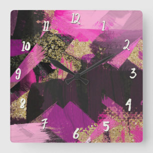 Pink Black Gold Glitter Moderne Pinsel Glam Grunge Quadratische Wanduhr