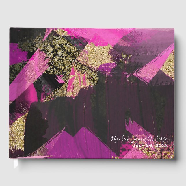 Pink Black Gold Glitzer Moderner Brush Glam Grunge Gästebuch (Vorderseite)
