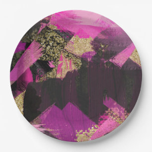 Pink Black Gold Glitzer Moderner Brush Glam Grunge Pappteller