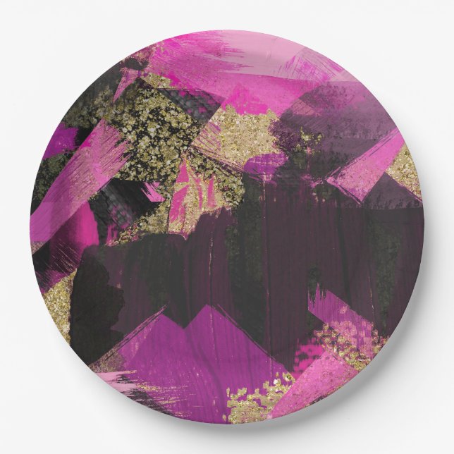 Pink Black Gold Glitzer Moderner Brush Glam Grunge Pappteller (Vorderseite)