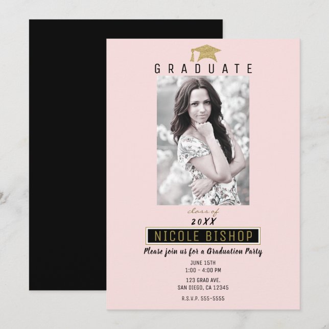 Pink Black Gold Graduate Foto Graduate Party Einladung (Vorne/Hinten)