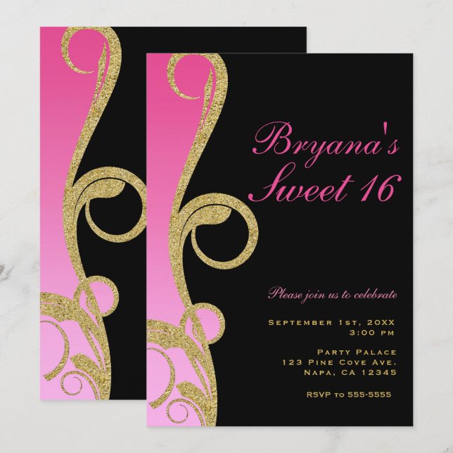 Pink Black & Gold Moderner Swirl Sweet 16 Party Einladung (Vorne/Hinten)