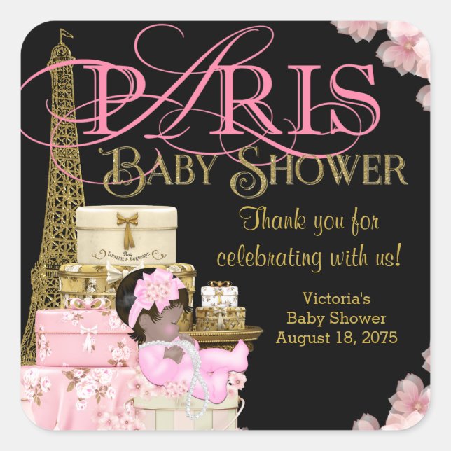Pink Black Gold Paris Baby Dusche Vielen Dank Quadratischer Aufkleber (Vorderseite)