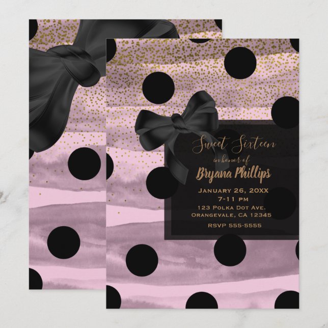 Pink Black & Gold Polka Dots Chic Bow Glam Party Einladung (Vorne/Hinten)