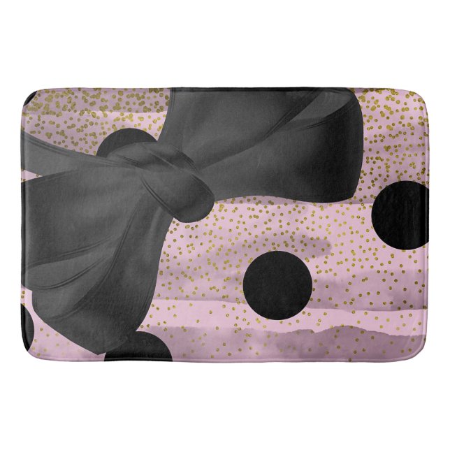 Pink & Black Gold Polka Dots Chic Bow Trendy Glam Badematte (Vorderseite)