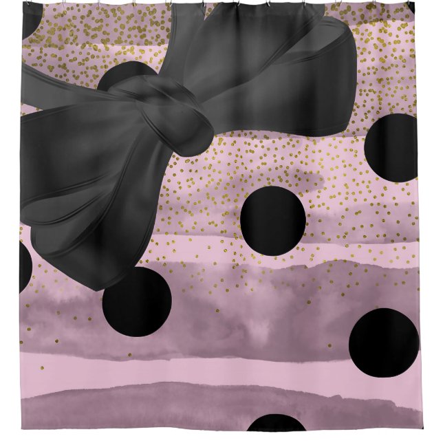 Pink & Black Gold Polka Dots Chic Bow Trendy Glam Duschvorhang (Vorderseite)