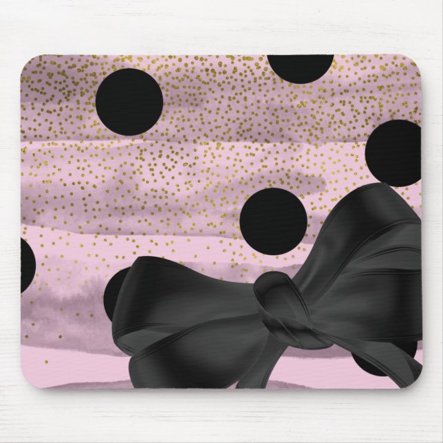 Pink & Black Gold Polka Dots Chic Bow Trendy Glam Mousepad (Vorne)