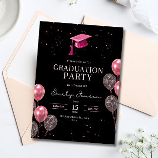 Pink Black Graduation Party Girly Balloons Grad Einladung